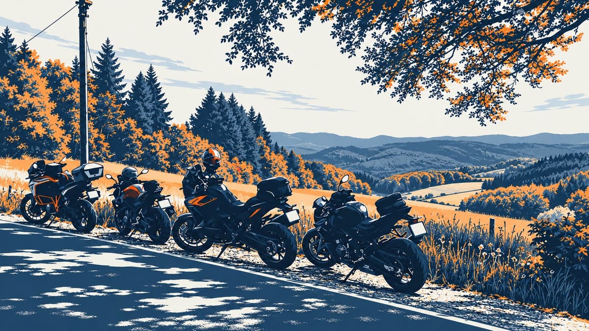 Getekende weergave van vier motoren op een uitkijkpunt langs een bosweg, met uitzicht over beboste heuvels.