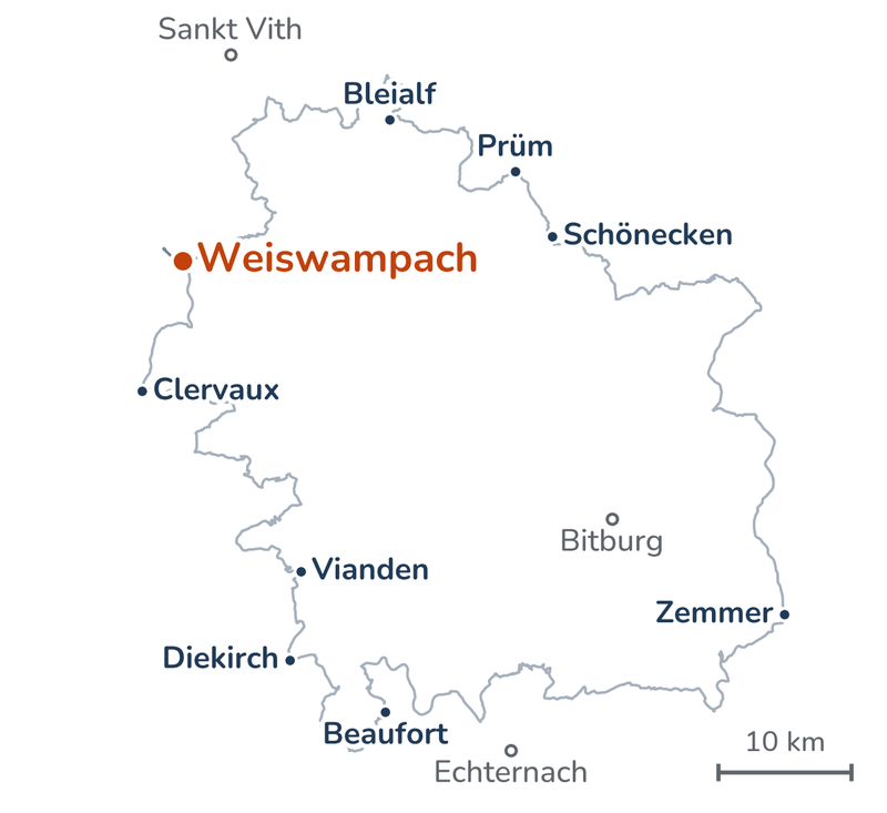 Overzicht van de route: van Weiswampach via Bleialf en Prüm naar Schönecken, door de Eifel naar Zemmer, via Beaufort naar Diekirch en via Vianden en Clervaux terug naar Weiswampach.
