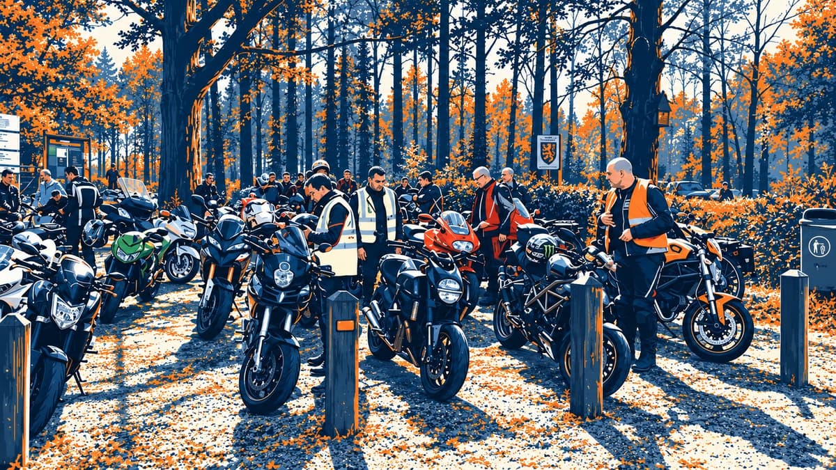 Getekende weergave van een groep motorrijders bij hun motoren aan de rand van een herfstbos.