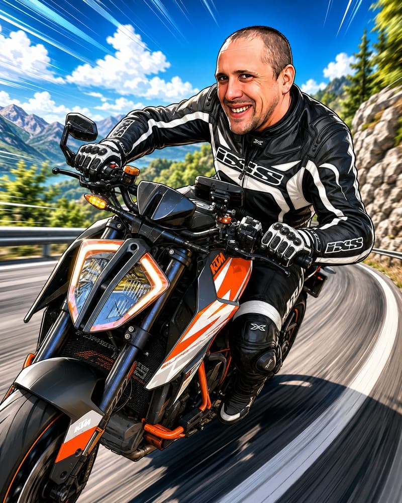 Getekende karikatuur van Njits op een oranje-witte KTM Super Duke, in een bocht.