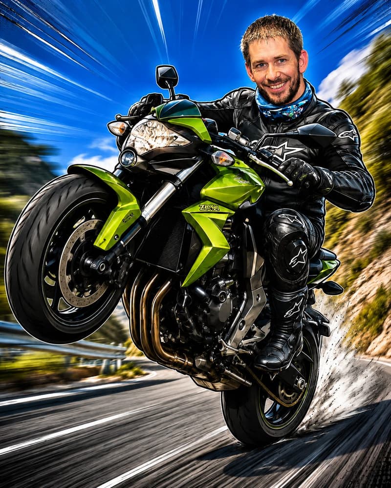 Getekende karikatuur van RunnerX die met een groene Kawasaki een wheelie maakt op een bergweg.