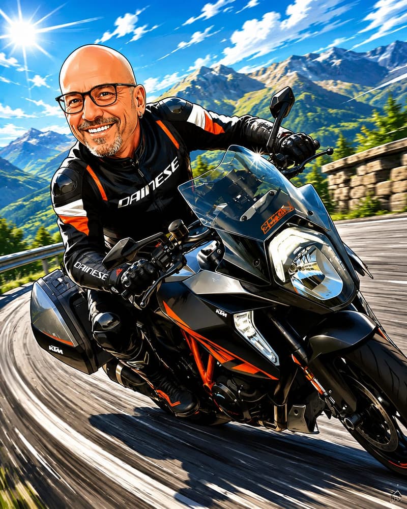 Getekende karikatuur van SuperDuke08 op zijn zwarte KTM Super Duke GT, in een bocht in de bergen.