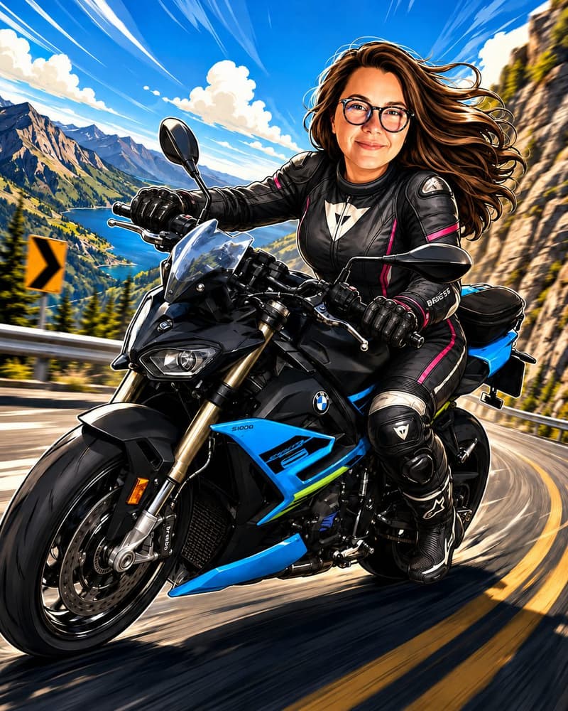Getekende karikatuur van Tam-Ara met wapperend haar op haar BMW S 1000 R, in een bocht langs een bergmeer.