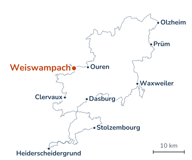 Overzicht van de route: van Weiswampach via Clervaux en Stolzembourg naar Heiderscheidergrund, dan via Dasburg en Waxweiler naar Prüm, langs Olzheim naar Ouren en terug naar Weiswampach.