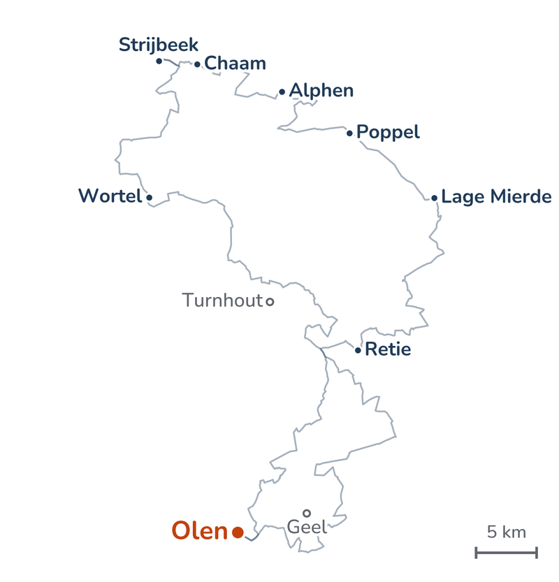 Overzicht van de route: van Olen langs Turnhout naar Wortel en over de grens naar Strijbeek, dan via Chaam, Alphen en Poppel en langs Lage Mierde naar Retie, en met een lus langs Geel terug naar Olen.