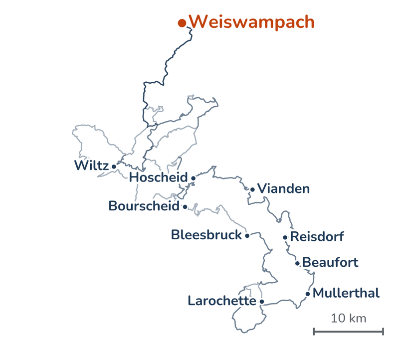 Overzicht van de routes: van Weiswampach via Hoscheid en Vianden naar de lunch in Reisdorf, door het Mullerthal via Beaufort en Larochette naar Bleesbruck, via Bourscheid naar Wiltz en terug naar Weiswampach.