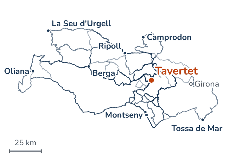 Overzicht van de ritten: lussen vanuit Tavertet naar onder meer Tossa de Mar aan de Costa Brava, de Montseny, Camprodon, Ripoll, La Seu d'Urgell, Berga en Oliana.