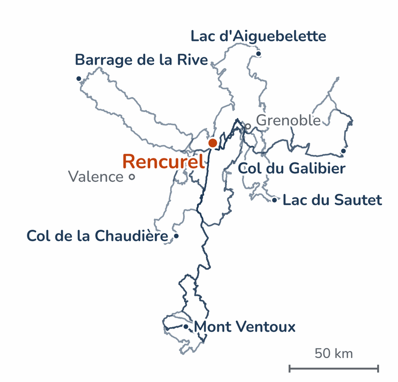Overzicht van de negen routes: lussen vanuit Rencurel naar onder meer het Lac d'Aiguebelette, de Col du Galibier, het Lac du Sautet, de Col de la Chaudière en de Mont Ventoux.