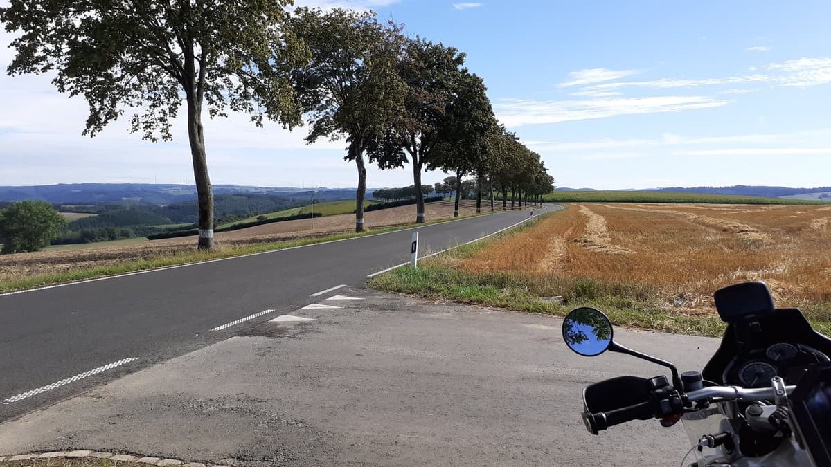 Een brede weg met een rij grote bomen langs gemaaide graanvelden, beboste heuvels aan de horizon en rechts vooraan het stuur van een motor.