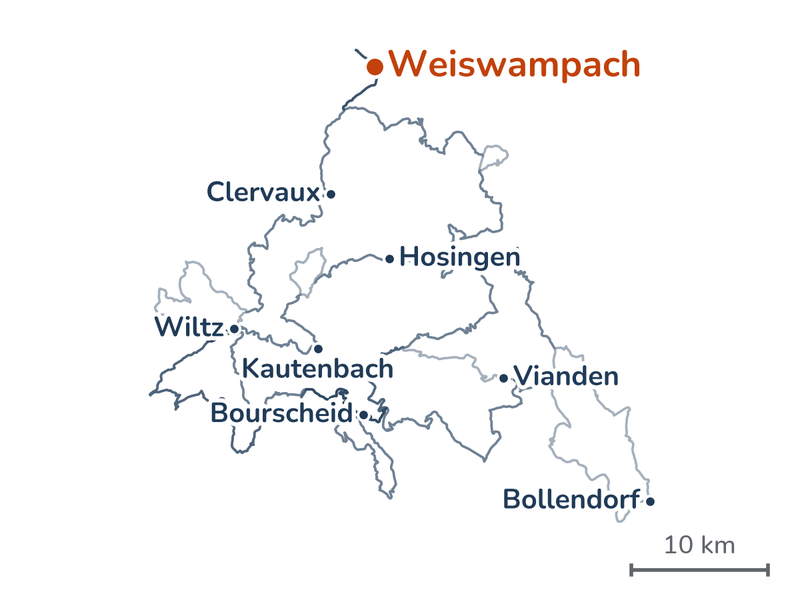 Overzicht van de routes: van Weiswampach over de grens en via Hosingen, Kautenbach, Wiltz en Bourscheid naar Vianden, dan de Duitse Eifel in tot Bollendorf, terug naar Wiltz en via Clervaux terug naar Weiswampach.