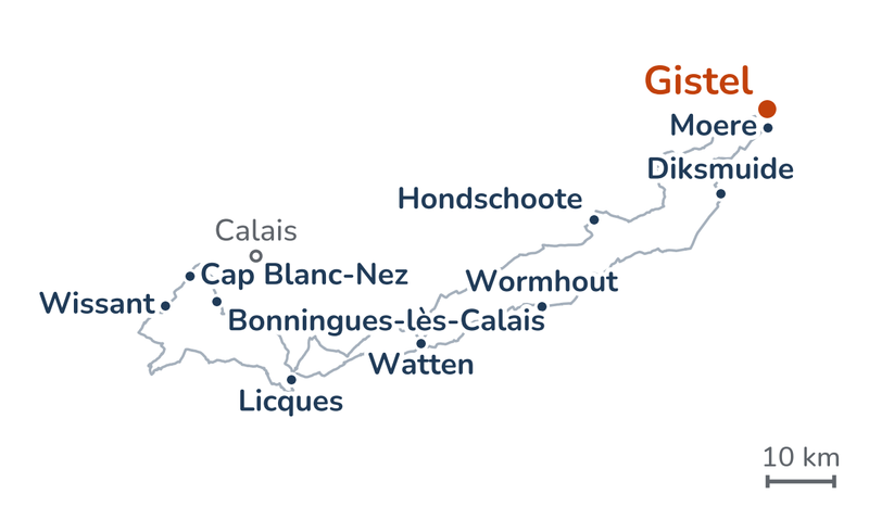 Overzicht van de route: van Gistel via Hondschoote en Watten naar Bonningues-lès-Calais, langs de kust bij Cap Blanc-Nez en Wissant naar Licques, en via Wormhout en Diksmuide terug naar Moere.