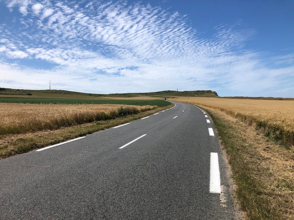 Een lege weg met witte strepen golft door gele graanvelden onder een blauwe lucht met schapenwolkjes.