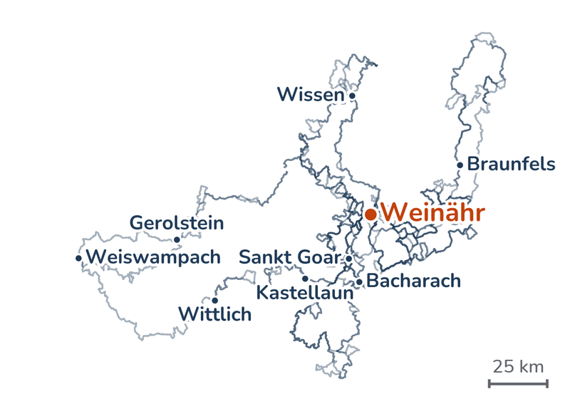 Overzicht van de routes: van Weiswampach via Wittlich en Kastellaun naar het hotel in Weinähr, met lussen door de Taunus tot Braunfels, door het Westerwald tot Wissen, door de Hunsrück en langs de Rijn bij Sankt Goar en Bacharach, en via Gerolstein terug naar Weiswampach.