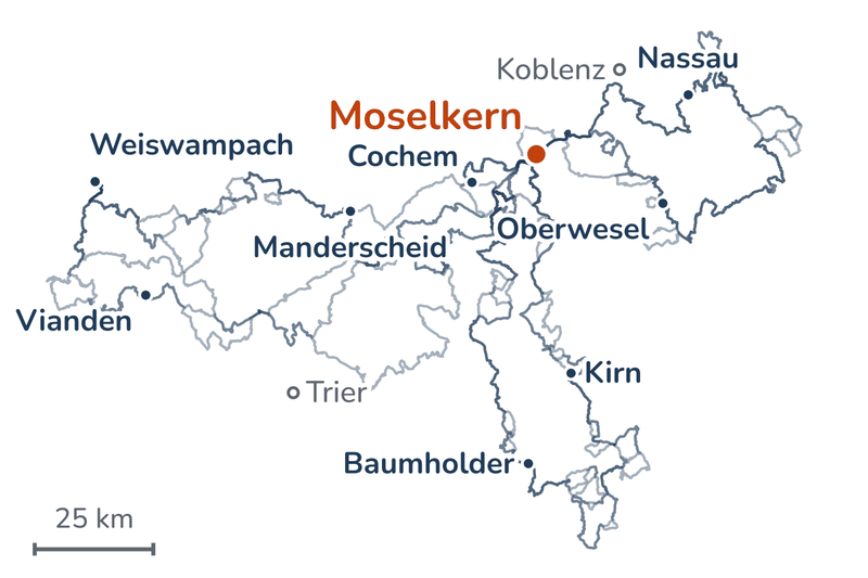 Overzicht van de routes: van Weiswampach via Vianden naar Moselkern, lussen door de Hunsrück naar Baumholder en Kirn en door de Taunus naar Nassau en Oberwesel, en terug via Cochem en Manderscheid.