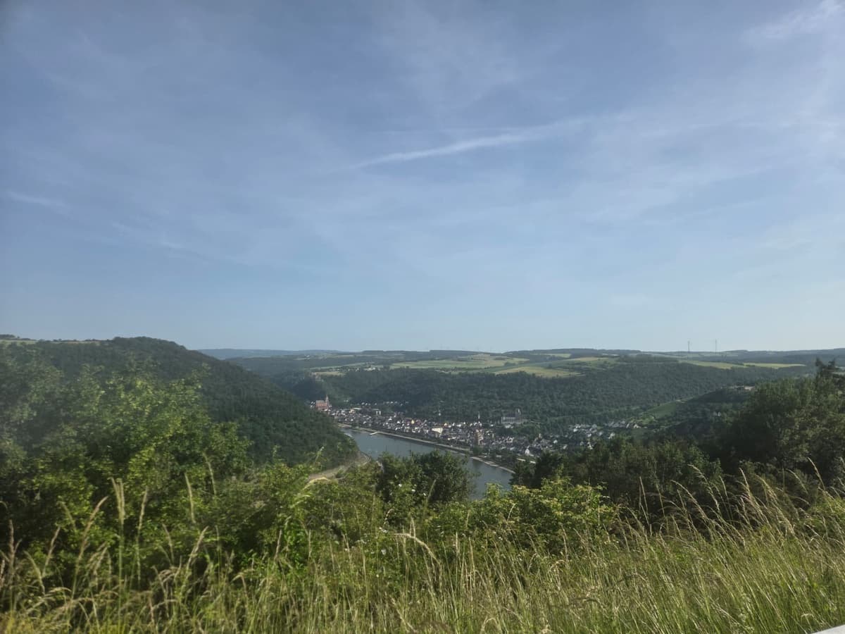 Uitzicht vanaf een heuvel met hoog gras over beboste hellingen, met beneden een stadje met een rode kerk langs een brede rivier.