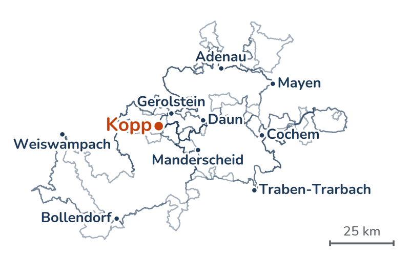 Overzicht van de routes: van Weiswampach via Prüm en Gerolstein naar het hotel in Kopp, lussen naar Adenau en Mayen en naar de Moezel bij Cochem en Traben-Trarbach, en via Manderscheid en Bollendorf terug naar Weiswampach.