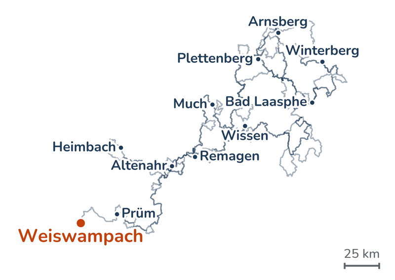 Overzicht van de routes: van Weiswampach via Prüm naar Altenahr, over de Rijn bij Remagen en via Wissen naar het Sauerland, lussen langs Plettenberg, Arnsberg, Winterberg en Bad Laasphe, en via Much en Heimbach richting de Belgische grens.