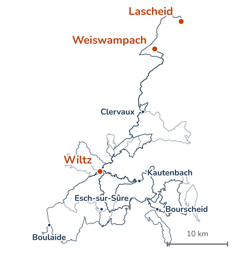 Overzicht van de routes: van Weiswampach naar het zuiden via Clervaux naar Wiltz, een lus vanuit Wiltz langs Kautenbach, Bourscheid, Esch-sur-Sûre en Boulaide, en dan terug naar het noorden tot Lascheid.