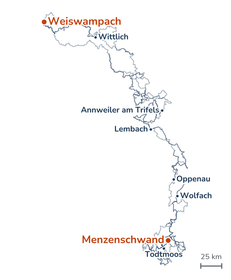 Overzicht van de routes: van Weiswampach via Wittlich naar het Pfälzerwald, via Lembach in de Elzas en Oppenau naar Menzenschwand in het zuiden van het Zwarte Woud, een lus langs Todtnau, Badenweiler en Todtmoos, en via Wolfach en Annweiler am Trifels terug.